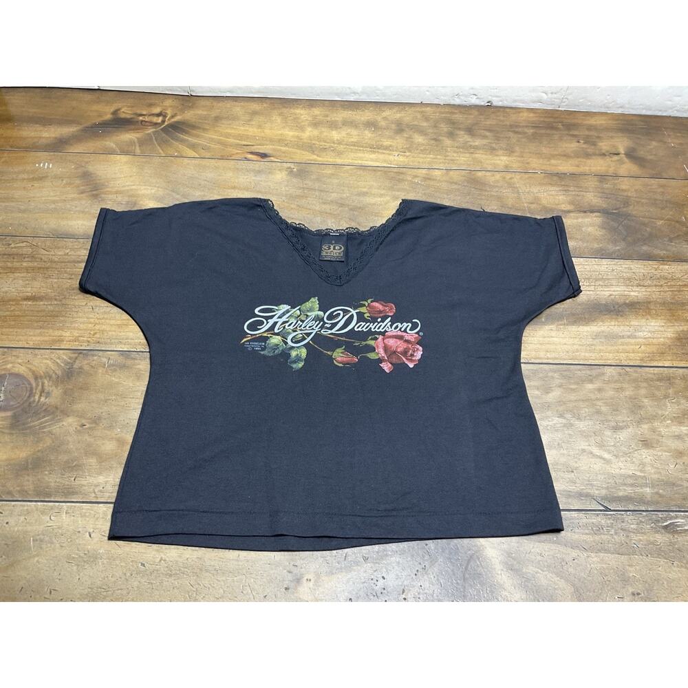 Vtg 90s 3D Emblem Harley Davidson Lace Crop Top Small Black Roses 1990